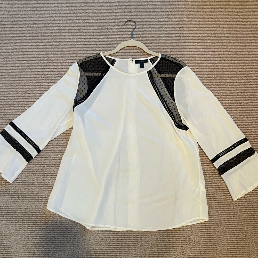 J. Crew White Blouse with Black Mesh Accents